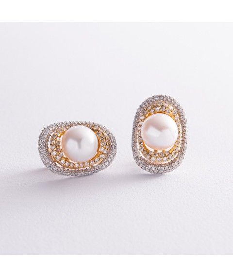 Gold earrings with diamonds and pearls s1312 Onyx