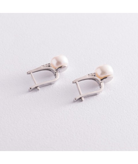 Срібні сережки з перлами і фіанітами 2457/1р-PWT Онікс