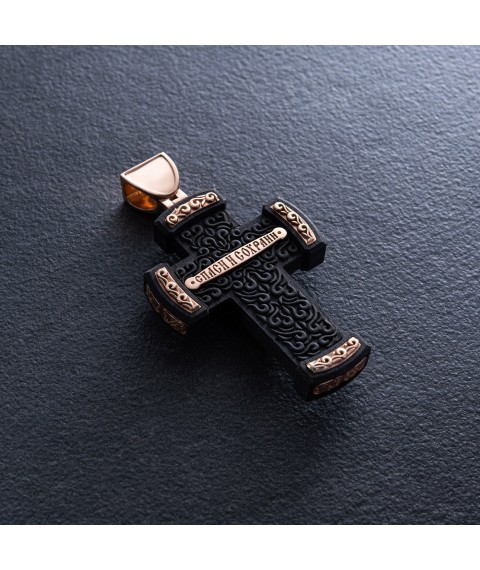 Чоловічий православний хрест "Розп'яття. Спаси та Збережи" з ебенового дерева та золота 0001 Онікс