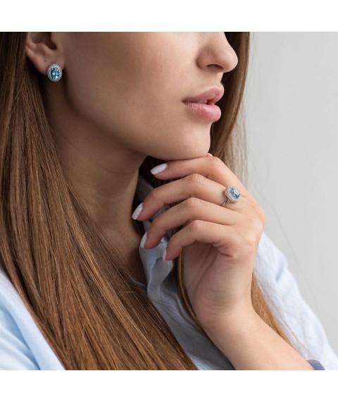 Gold earrings with blue topaz and cubic zirconia s04201 Onyx