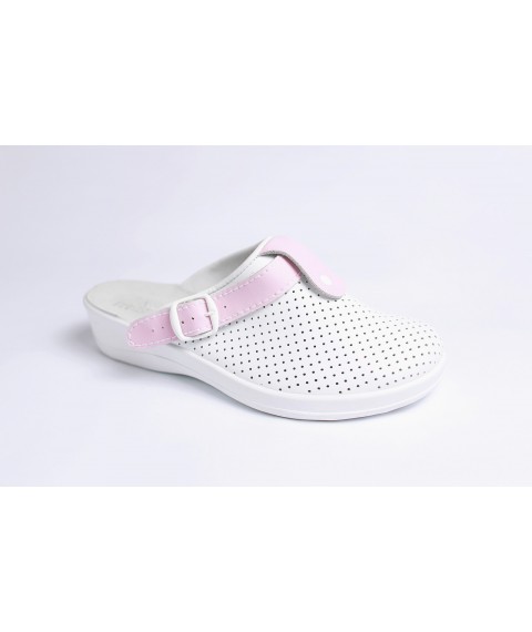 Medizinische Schuhe Clogs Lera mit Zunge Weiß / Gürtel-Pink