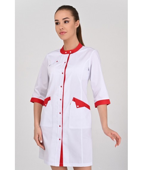 Women's medical gown Montana White-red 3/4