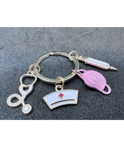 Medical jewelry keychain (syringe and pink mask) gold