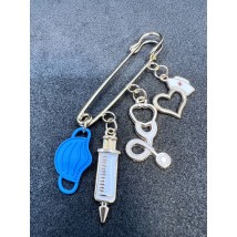 Jewelry medical brooch (blue mask, syringe, phonendoscope, heart) gold