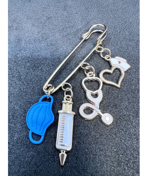 Jewelry medical brooch (blue mask, syringe, phonendoscope, heart) gold