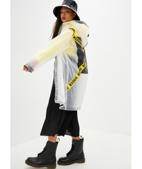 Women's raincoat DRYDOPE milky-white with a tape &quot;Warning&quot; and a black rectangle