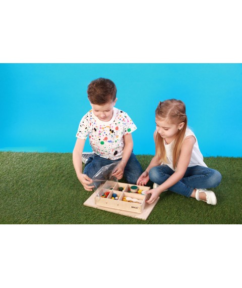 The HEGA Montessori 3 set is a complicated educational game, colored in a box of 46 elements