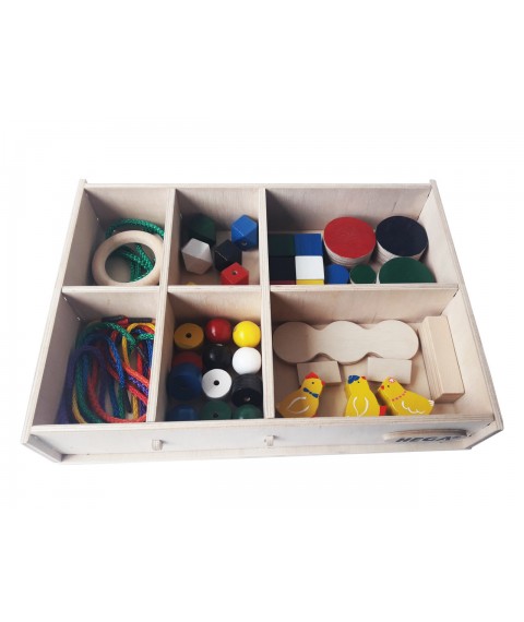 The HEGA Montessori 3 set is a complicated educational game, colored in a box of 46 elements