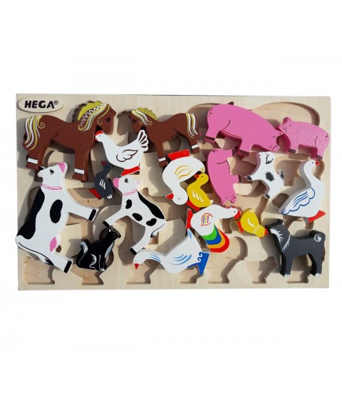 Set HEGA Family animals wooden puzzle frame insert 18 large figures