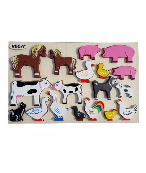 Set HEGA Family animals wooden puzzle frame insert 18 large figures