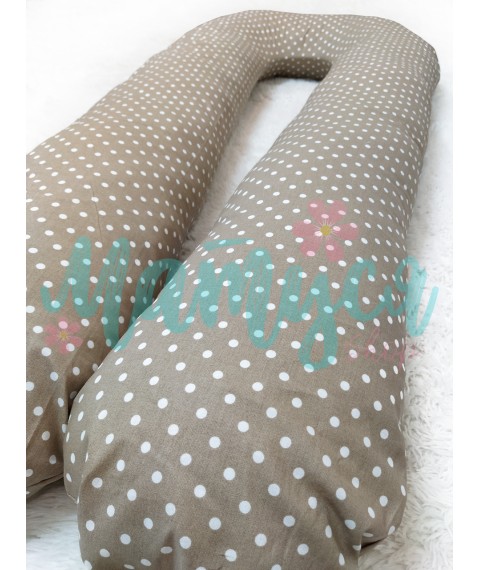 Full Length Hug Horseshoe U-Shaped Maternity & Nursing Pillow - White Polka Dots on Brown
