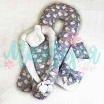 Set "Pregnant Pillow + Cocoon and Baby Envelope" - Lambs on gray and white plush