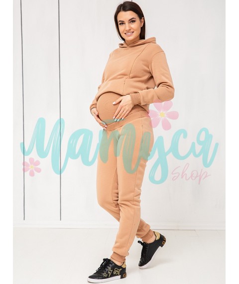 Спортивный костюм для беременных и кормящих (штаны с высоким поясом, худи с молниями для кормления) - Песочный