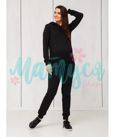 Maternity and Nursing Tracksuit (high waist pants, nursing hoodie with zippers) - Black