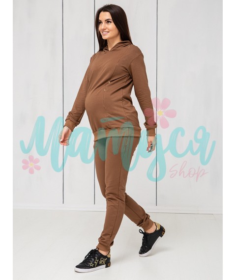 Maternity and nursing tracksuit (pants with high waist, hoodie with zippers for nursing) - Coffee