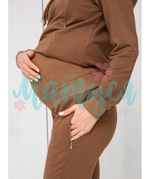 Спортивный костюм для беременных и кормящих (штаны с высоким поясом, худи с молниями для кормления) - Кофе