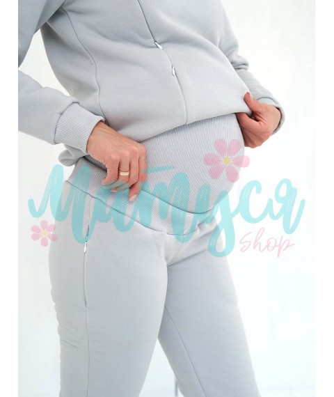 ТЕПЛЫЙ Спортивный костюм для беременных и кормящих (высокий пояс, молнии для кормления) - Светло-серый