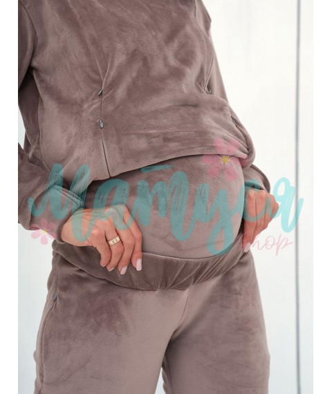 Спортивный костюм для беременных и кормящих (высокий пояс, молнии для кормления) - Бежевый велюр