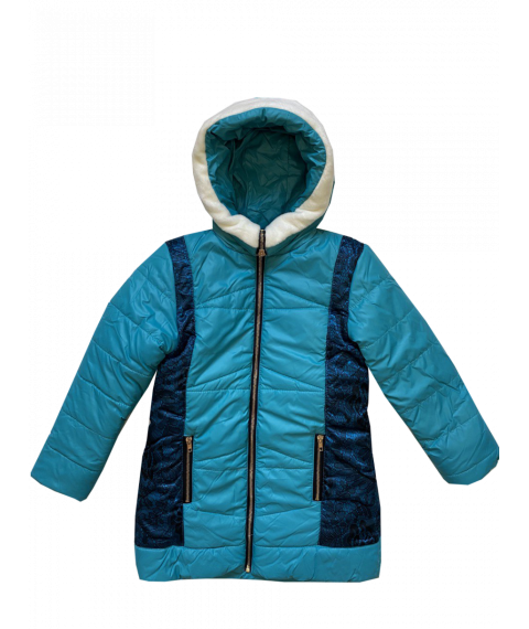 Winter jacket 2813 for a girl in turquoise color with a print