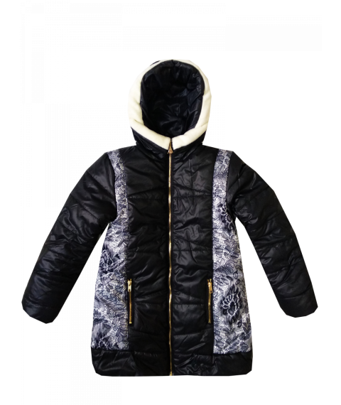 Winter jacket 2813 for a girl in black color with a print