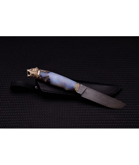 Нож ручной работы "Снежный барс" в дамасске