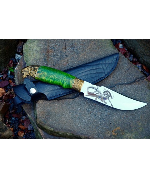Handmade knife "Alien in green" with engraving, in a burl