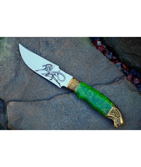 Handmade knife "Alien in green" with engraving, in a burl
