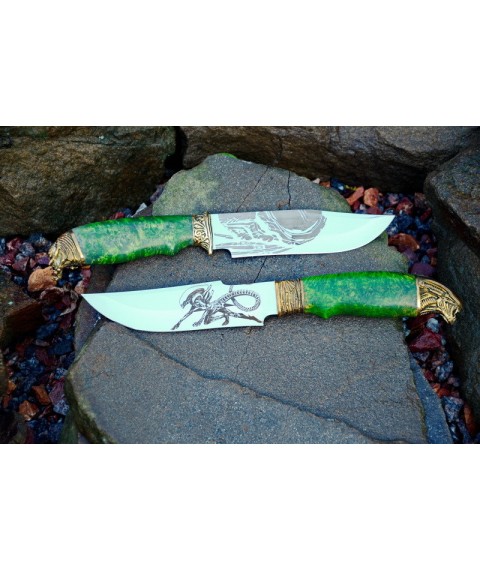 Handmade knife "Alien in green" with engraving, in a burl