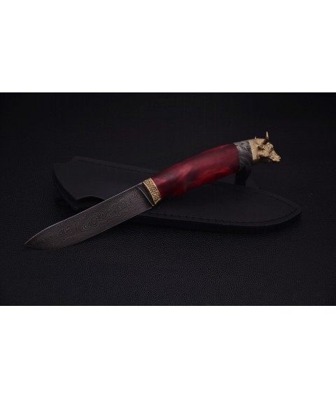 Мисливський авторскьий ніж "Бик" дамаська сталь, гібрид