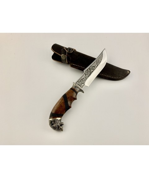 Нож ручной работы для охоты и рыбалки туристический «Волк» с кожаными ножнами нескладной