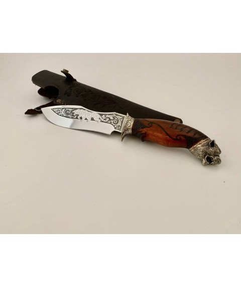 Handmade tourist knife for hunting and fishing “Tiger” 290 mm with leather sheath, awkward