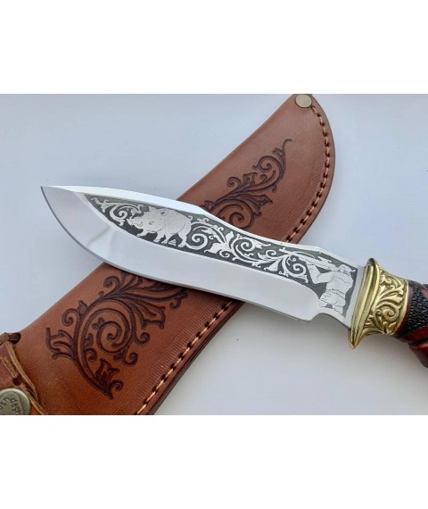 Handmade tourist knife for hunting and fishing “Boar” 155 mm with leather sheath, awkward