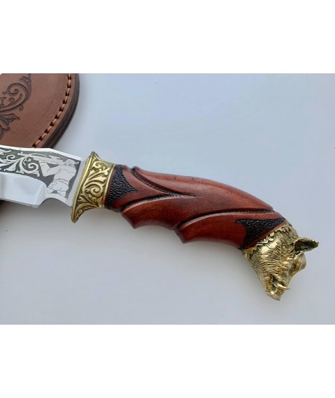 Handmade tourist knife for hunting and fishing “Boar” 155 mm with leather sheath, awkward