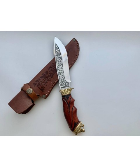Нож ручной работы для охоты и рыбалки туристический «Лев» 170 мм с кожаными ножнами нескладной