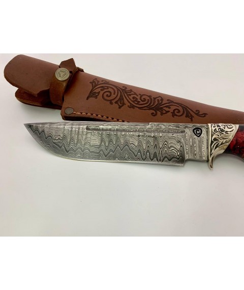 Exclusive handmade tourist knife for hunting and fishing “Eagle” Damascus with leather sheath, awkward