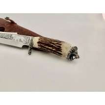 Handmade knife for hunting and fishing tourist “Lion” handle deer antler with leather sheath awkward