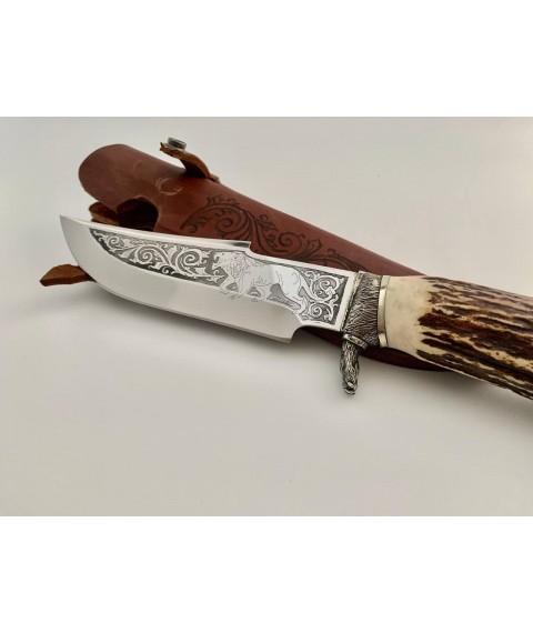 Handmade knife for hunting and fishing tourist “Lion” handle deer antler with leather sheath awkward