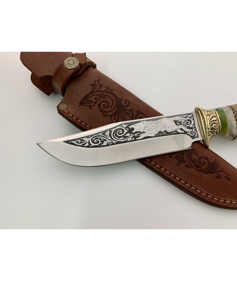 Нож ручной работы для охоты и рыбалки туристический «Волк» 160 мм с кожаными ножнами нескладной 95Х18