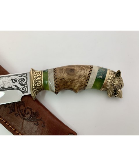 Нож ручной работы для охоты и рыбалки туристический «Волк» 160 мм с кожаными ножнами нескладной 95Х18