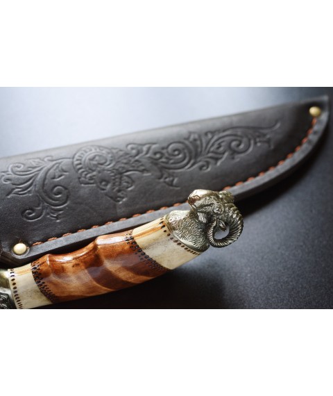 Exclusive handmade tourist knife for hunting and fishing “Argali” with leather sheath, awkward