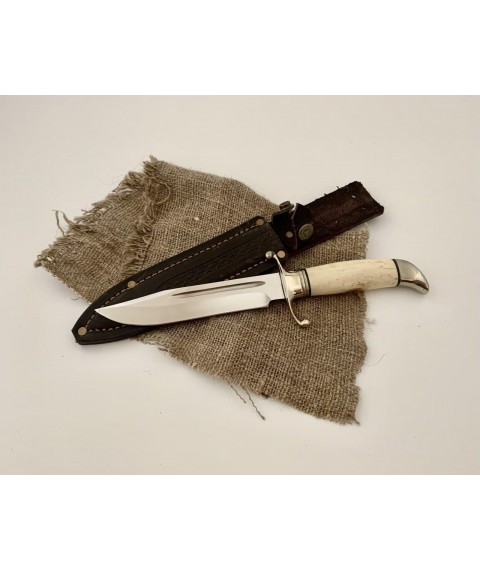 Handmade combat knife “Finka #4” with a handle made of elk horn and a leather sheath 95Х18