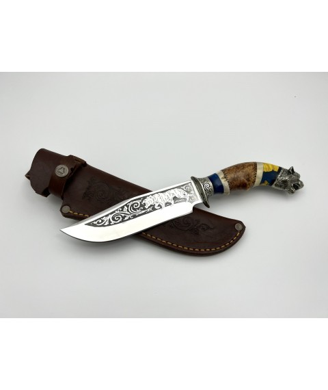 Нож ручной работы для охоты и рыбалки туристический «Тигр #10» с кожаными ножнами нескладной