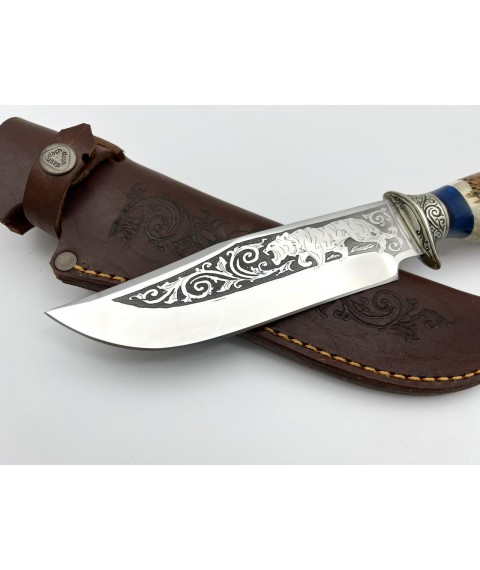 Нож ручной работы для охоты и рыбалки туристический «Тигр #10» с кожаными ножнами нескладной