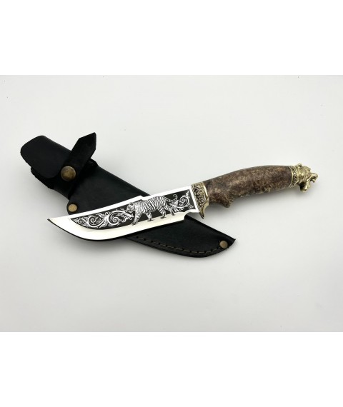 Нож ручной работы для охоты и рыбалки туристический «Тигр» с кожаными ножнами нескладной