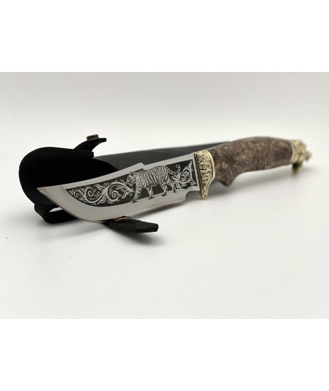 Нож ручной работы для охоты и рыбалки туристический «Тигр» с кожаными ножнами нескладной