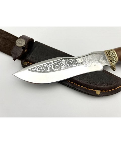 Handmade tourist knife for hunting and fishing “Celtic Bear”, brass with leather sheath, awkward