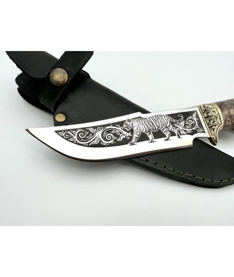 Нож ручной работы для охоты и рыбалки туристический «Тигр» 95х18 с кожаными ножнами нескладной