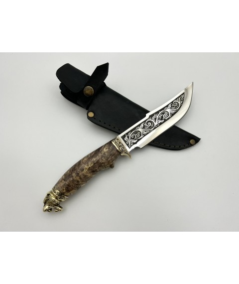 Нож ручной работы для охоты и рыбалки туристический «Тигр» 95х18 с кожаными ножнами нескладной