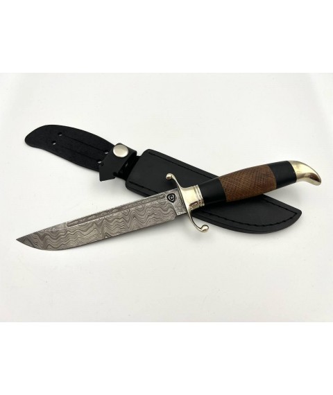 Handmade Damascus steel combat knife “Finca #8” with awkward leather sheath