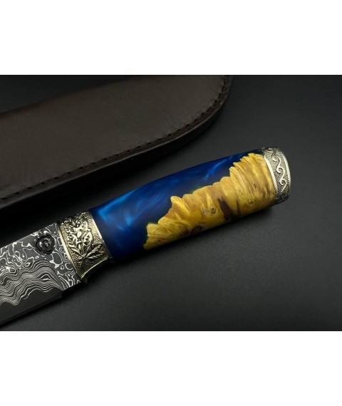 Exclusive handmade Damascus steel knife with Trident “Patriot #9” with leather sheath.